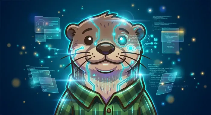 RusticOtter mascot: an otter in a flannel shirt surrounded by code